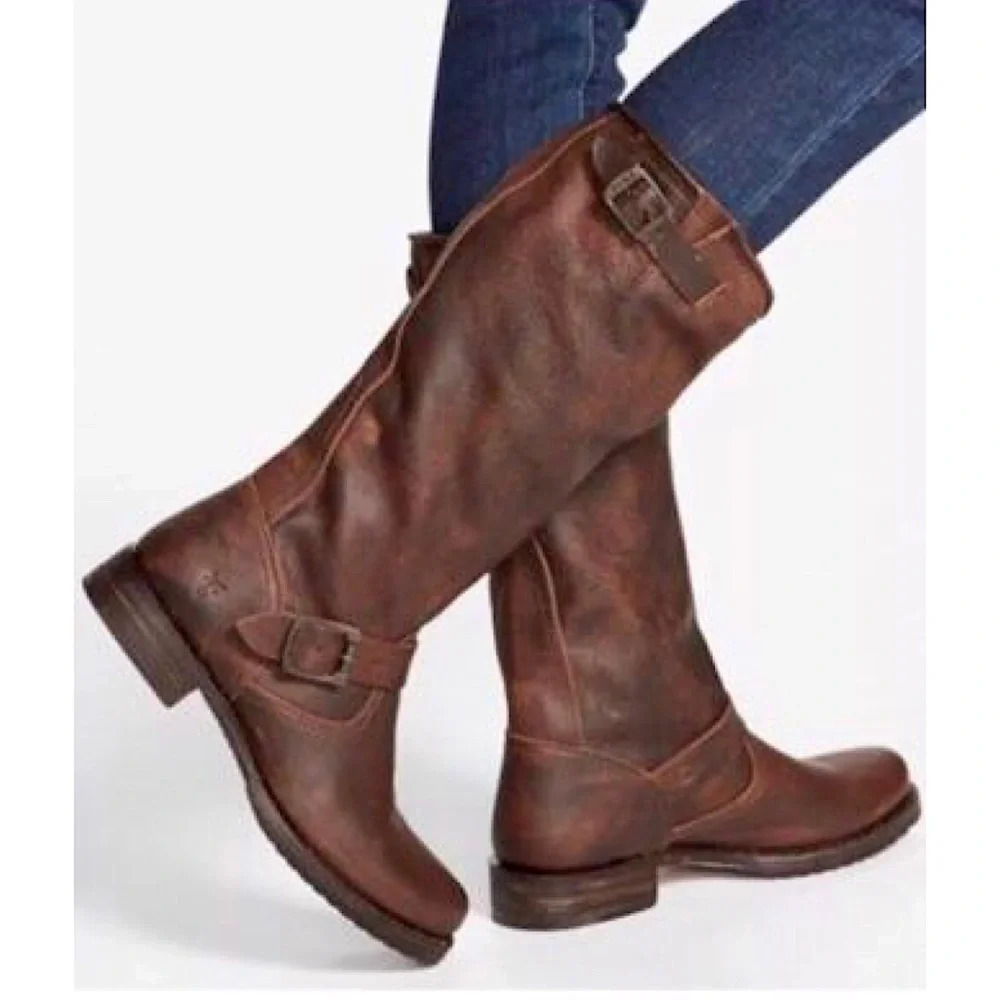 $399 Frye Veronica Slouch Tan Distressed Leather Engineer Moto Tall Buckle Boot - Picture 9 of 16